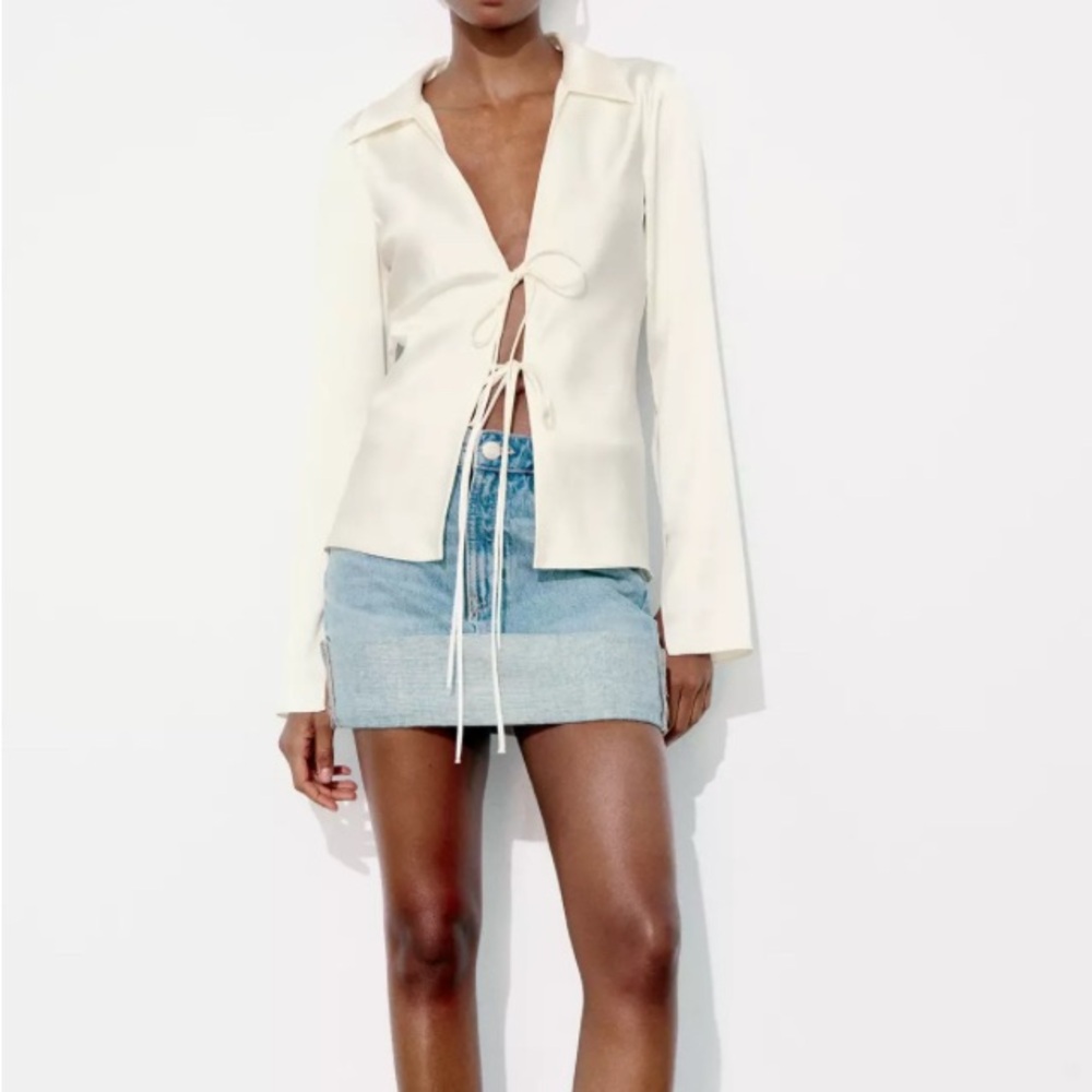 Zara Cream/Ivory Tie-Front Blouse